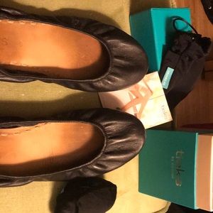Tieks black leather size 9. With blue box, bag and shoe bag.